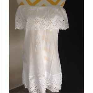 NWT Eyelet Lace Ruffle Off-Shoulder Linen-like Cover Up Tunic Cottagecore Dress